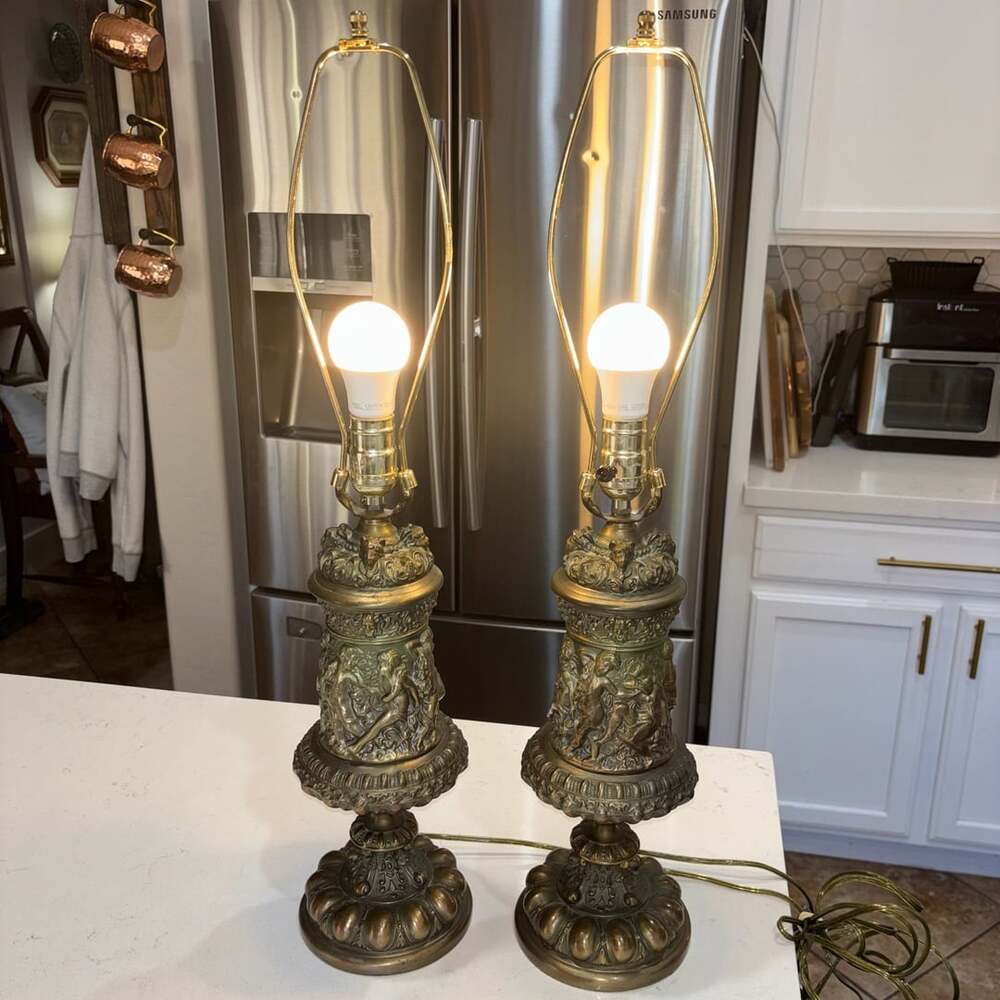 Vintage Hollywood Regency Spelter Table Lamps Ornate Classical Relief Pair